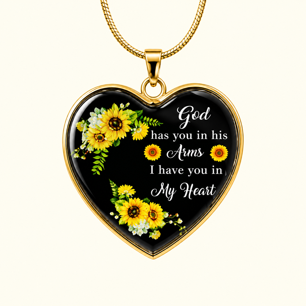To My Loved One Memorial Heart Necklace – “God Has You In His Arms, I Have You In My Heart” Sunflower Remembrance Gift
