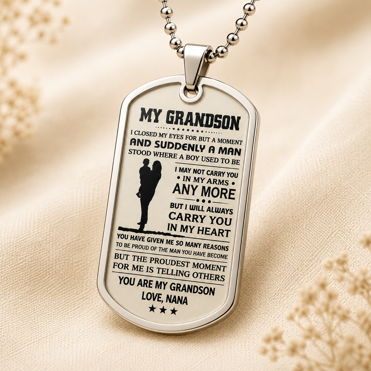 To My Grandson Necklace from Nana – Carry You in My Heart Forever Dog Tag Pendant Gift