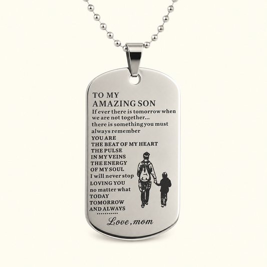 To My Amazing Son Dog Tag Necklace – Love Mom Gift for Son, Inspirational Son Necklace, Meaningful Family Keepsake
