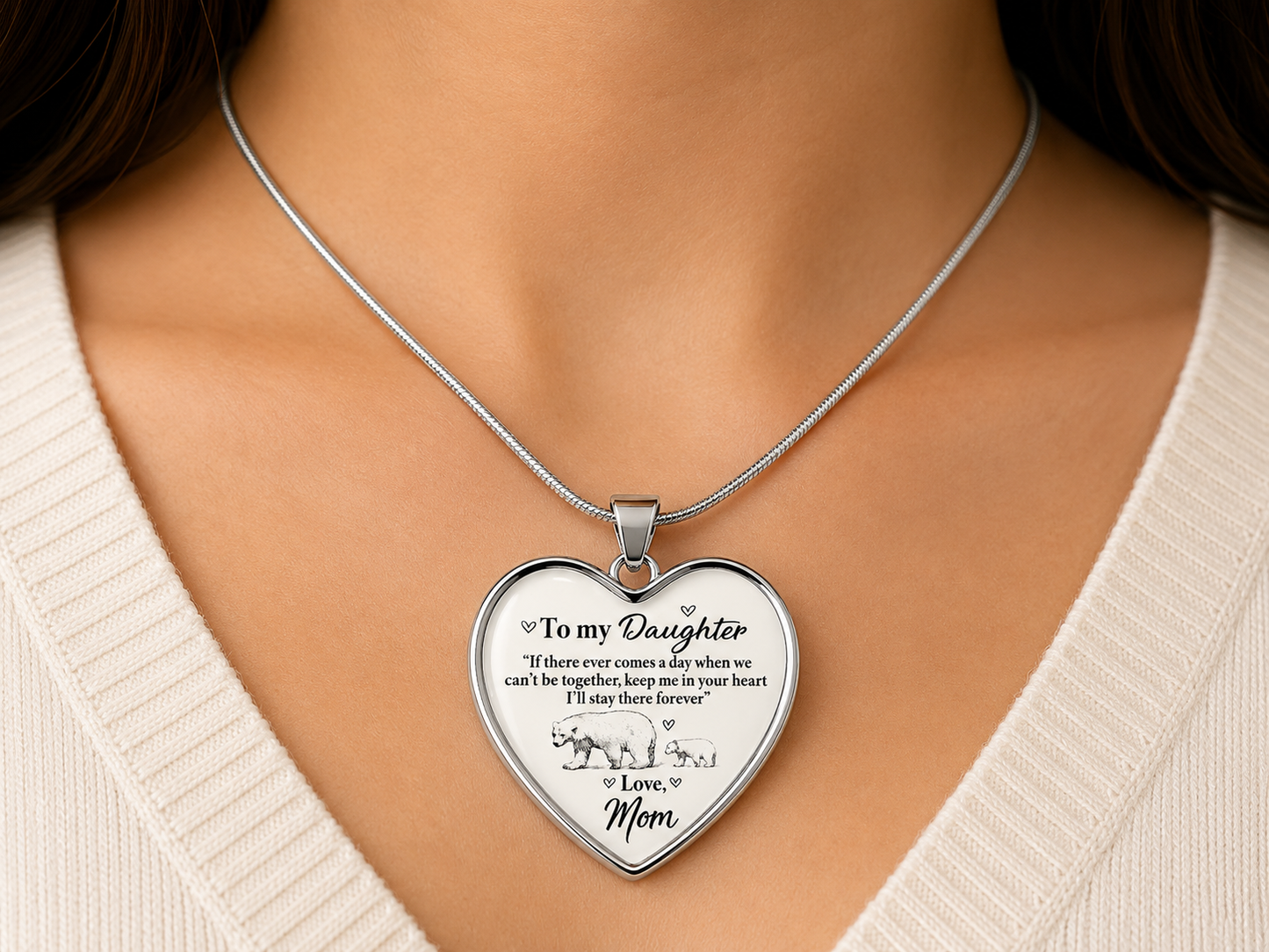 To My Daughter Heart Necklace from Mom – Polar Bear Mother & Cub Forever in My Heart Gift