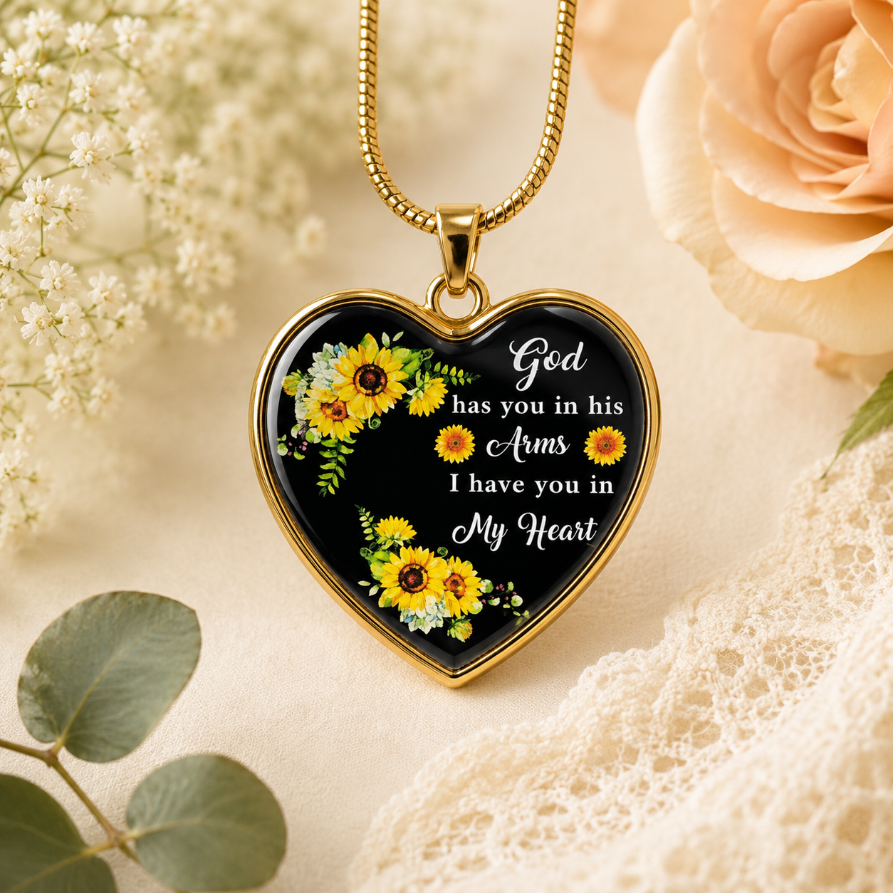 To My Loved One Memorial Heart Necklace – “God Has You In His Arms, I Have You In My Heart” Sunflower Remembrance Gift