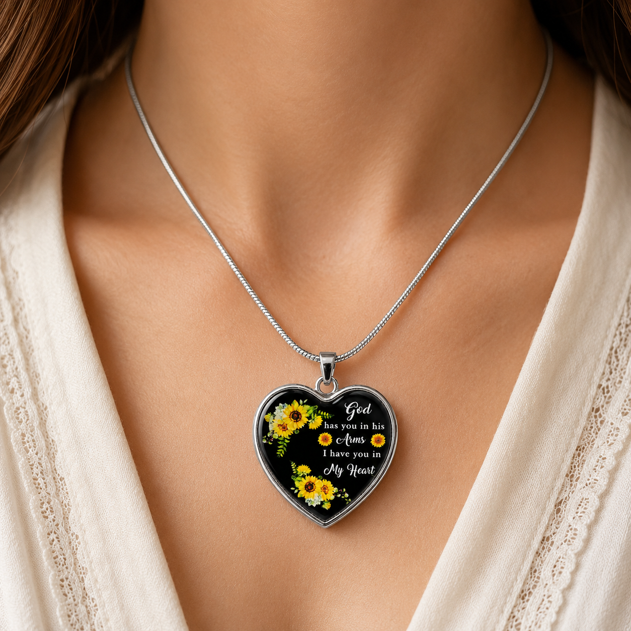 To My Loved One Memorial Heart Necklace – “God Has You In His Arms, I Have You In My Heart” Sunflower Remembrance Gift