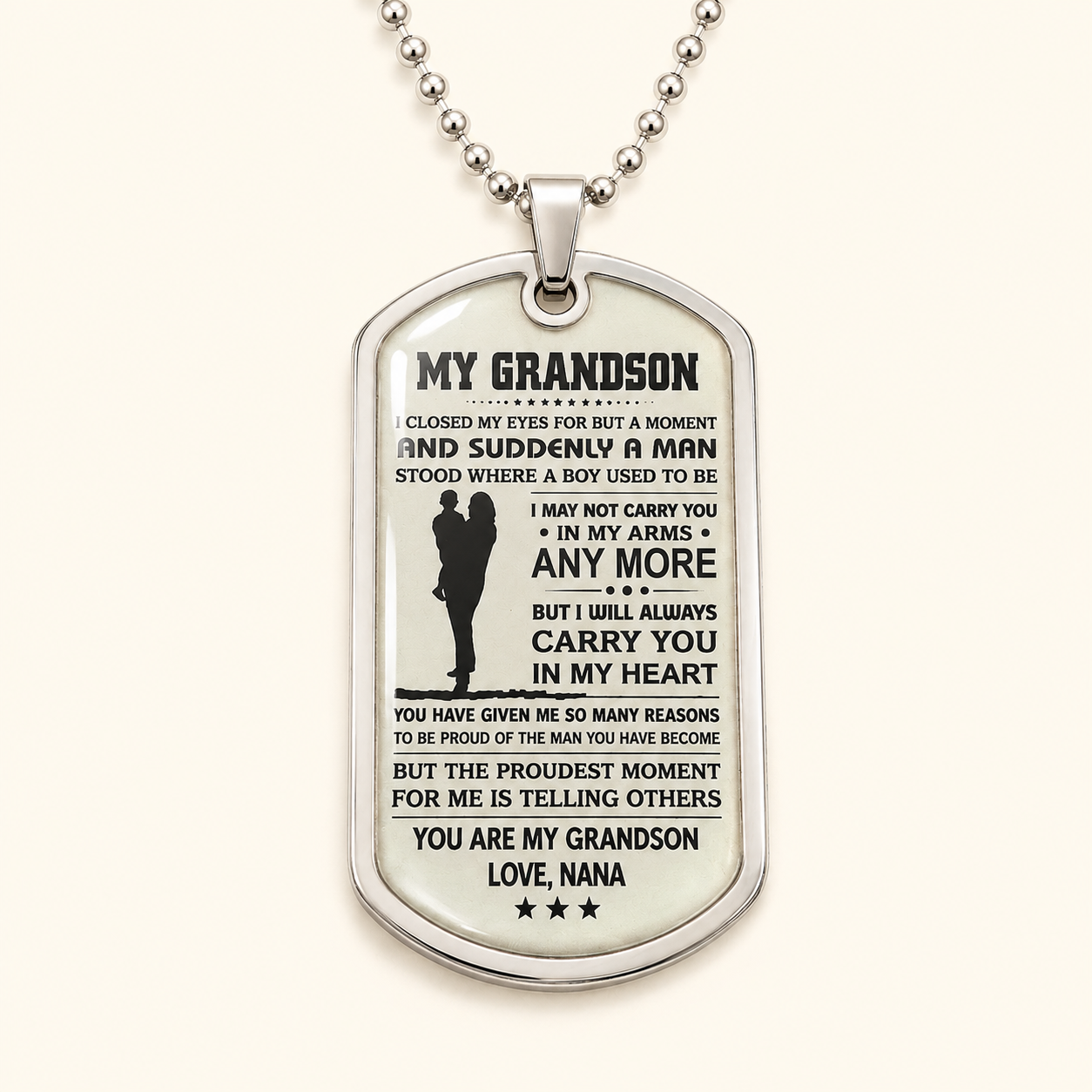 To My Grandson Necklace from Nana – Carry You in My Heart Forever Dog Tag Pendant Gift
