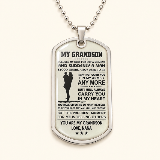 To My Grandson Necklace from Nana – Carry You in My Heart Forever Dog Tag Pendant Gift