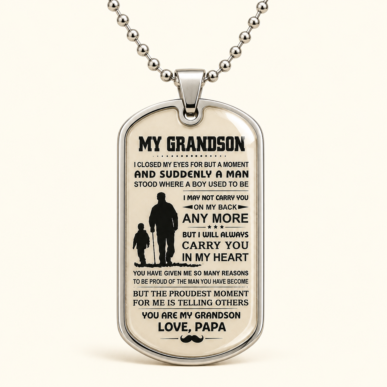 To My Grandson Necklace from Papa – Carry You in My Heart Forever Dog Tag Pendant Gift