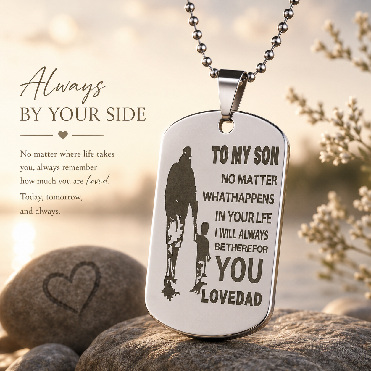 Dog tag necklace with engraved message on a stone surface with blurred natural background