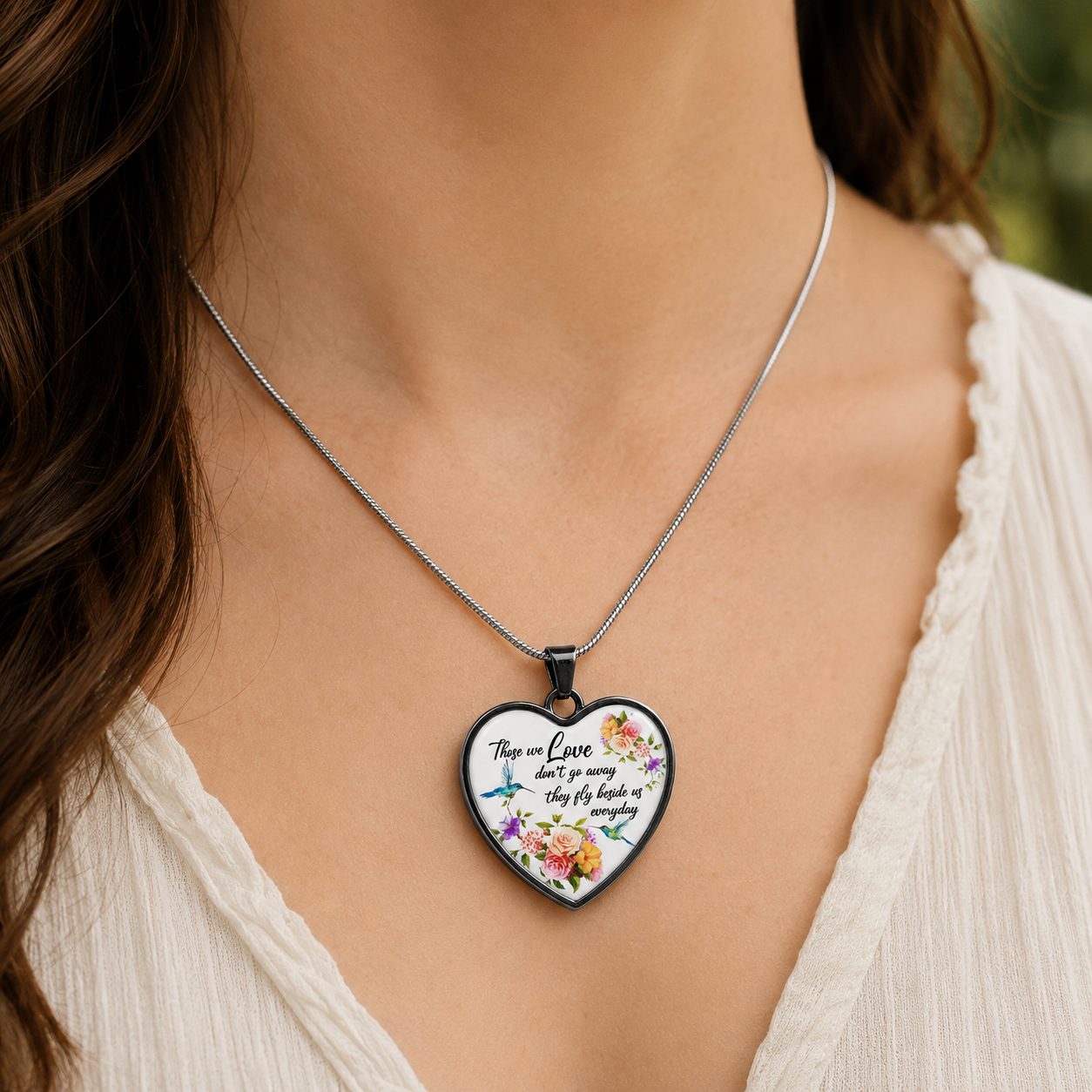 Memorial Hummingbird Heart Necklace – Those We Love Don't Go Away – Sympathy Gift & Remembrance Jewelry
